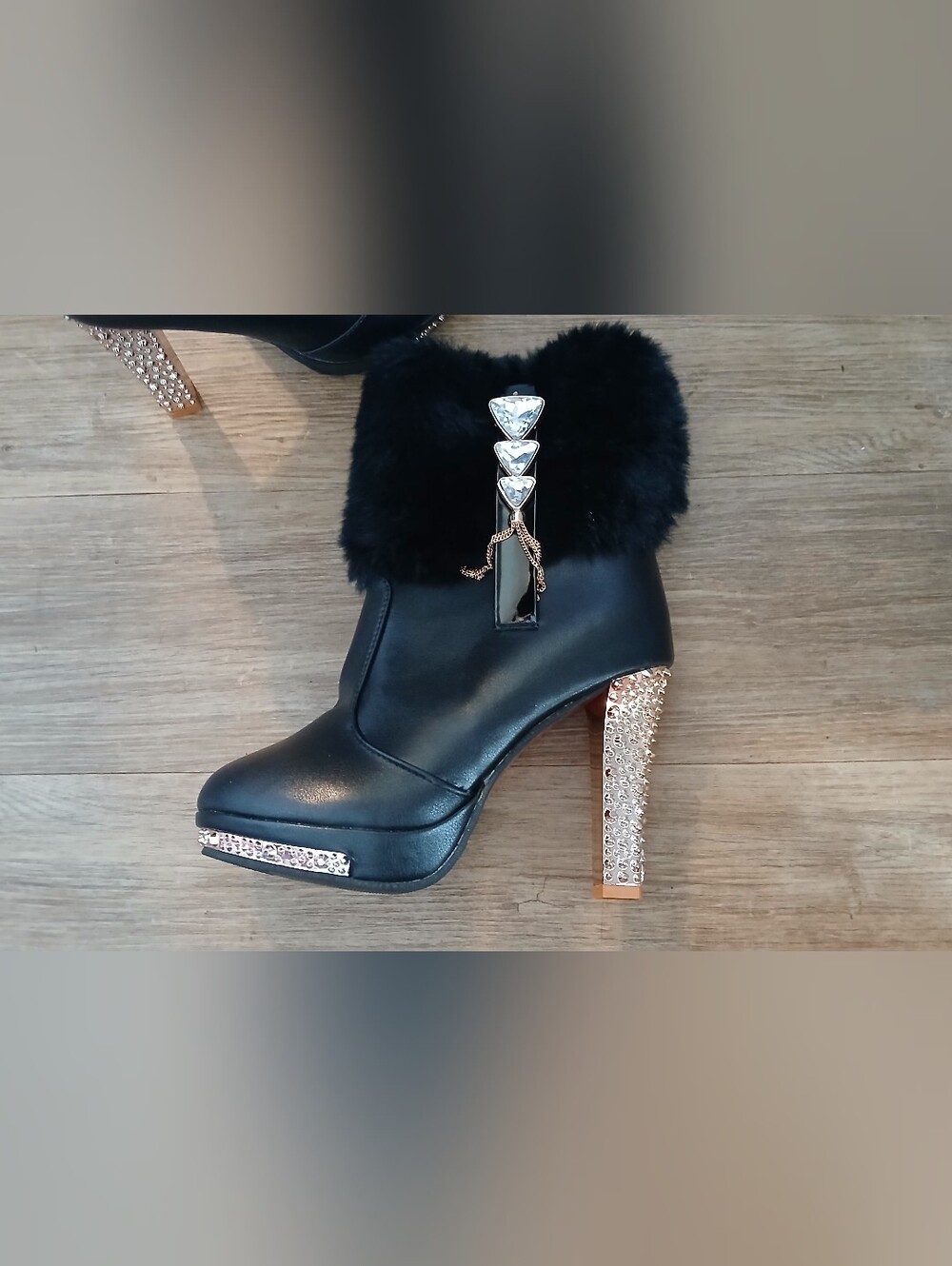 JustFab Black Faux Fur Crystal-Embellished Heel Ankle Boots